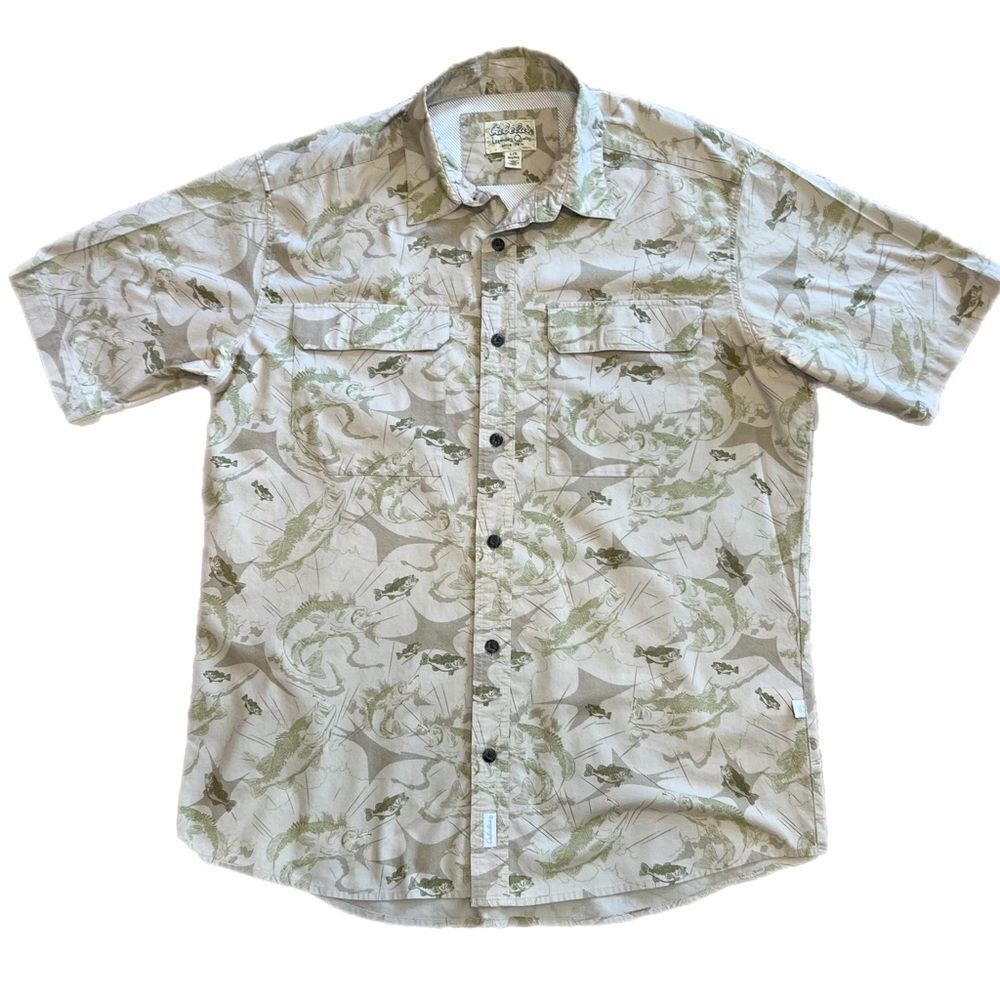 Cabela Fishing Shirt with hook and loop closures on pockets and back. Size L.